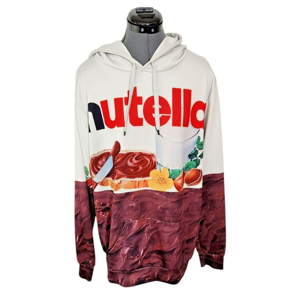 Nutella Graphic Hoodie Mens L‎ XL White Brown Foodie Novelty Pullover Sweatshirt